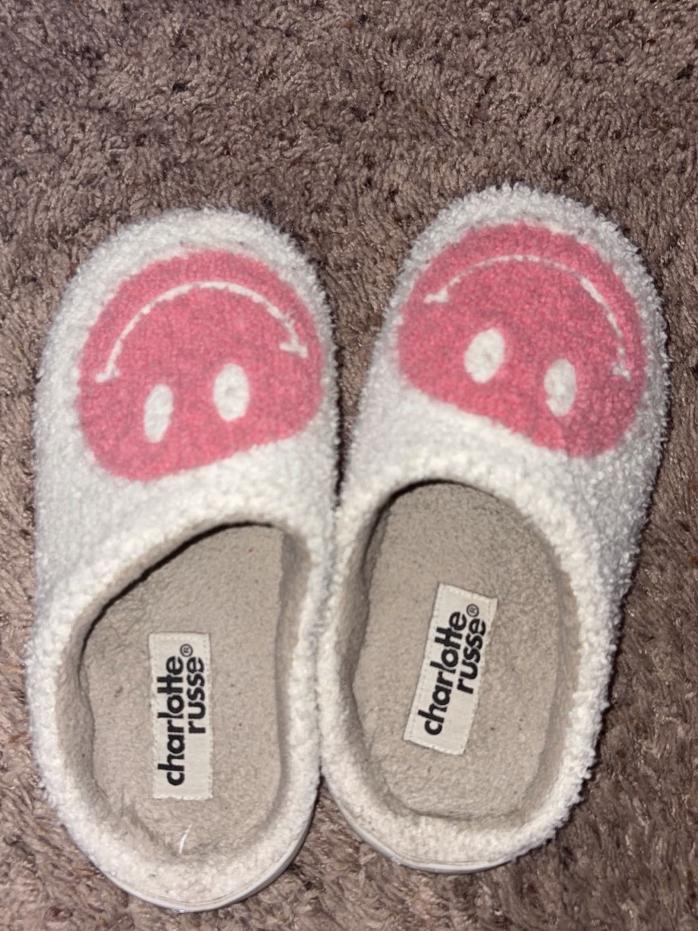 Charlotte Russe Cream Fuzzy Slip-On Slippers with Pink Smiley